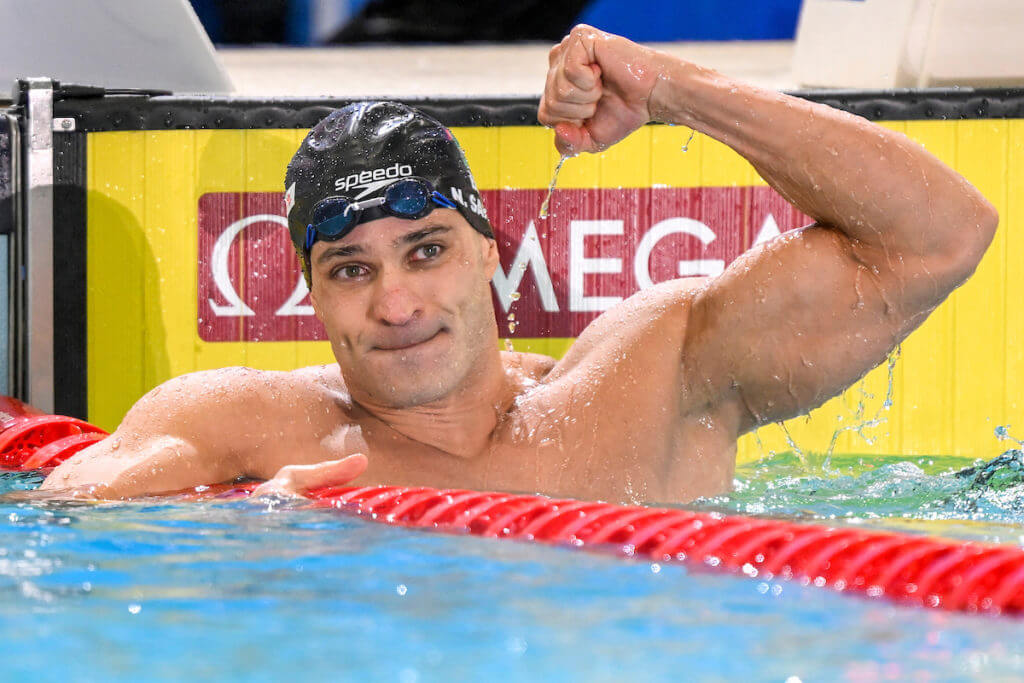 Nicholas Santos of Brazil celebrates after winning the gold medal in the 50m Butterfly men Final during the FINA Swimming Short Course World Championships at the Melbourne Sports and Aquatic Centre in Melbourne, Australia, December 14th, 2022. Photo Giorgio Scala / Deepbluemedia / Insidefoto