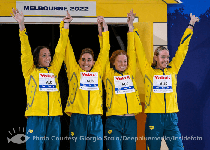 Madison Wilson, Mollie O'Callaghan, Leah Neale and Lani Pallister of Australia celebrate after winning the gold medal in the 4x200m Freestyle Women Final during the FINA Swimming Short Course World Championships at the Melbourne Sports and Aquatic Centre in Melbourne, Australia, December 14th, 2022. Photo Giorgio Scala / Deepbluemedia / Insidefoto