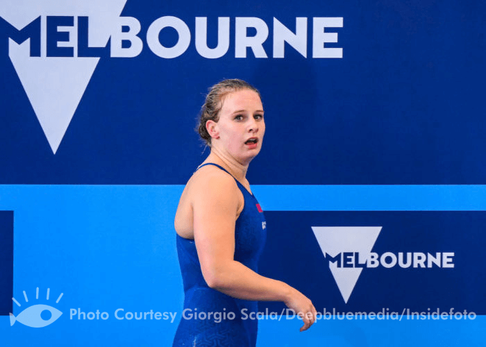 Tes Schouten of The Netherlands reacts after winning the bronze medal in the 200m Breaststroke Women Final during the FINA Swimming Short Course World Championships at the Melbourne Sports and Aquatic Centre in Melbourne, Australia, December 16th, 2022. Photo Giorgio Scala / Deepbluemedia / Insidefoto