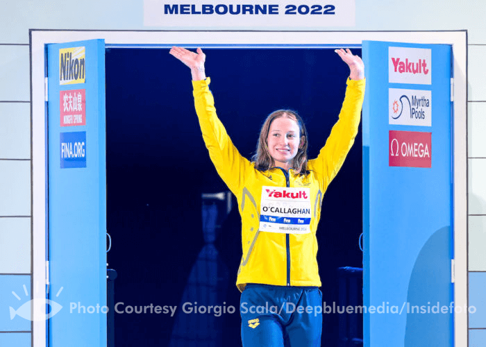 Mollie O'callaghan of Australia celebrates after winning the bronze medal in the 50m Backstroke Women Final during the FINA Swimming Short Course World Championships at the Melbourne Sports and Aquatic Centre in Melbourne, Australia, December 16th, 2022. Photo Giorgio Scala / Deepbluemedia / Insidefoto