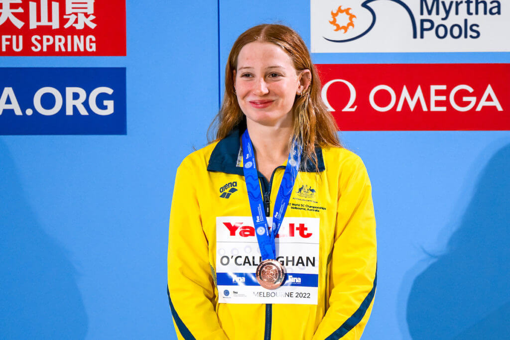 Mollie O'callaghan of Australia stands with the bronze medal after compete in the 50m Backstroke Women Final during the FINA Swimming Short Course World Championships at the Melbourne Sports and Aquatic Centre in Melbourne, Australia, December 16th, 2022. Photo Giorgio Scala / Deepbluemedia / Insidefoto