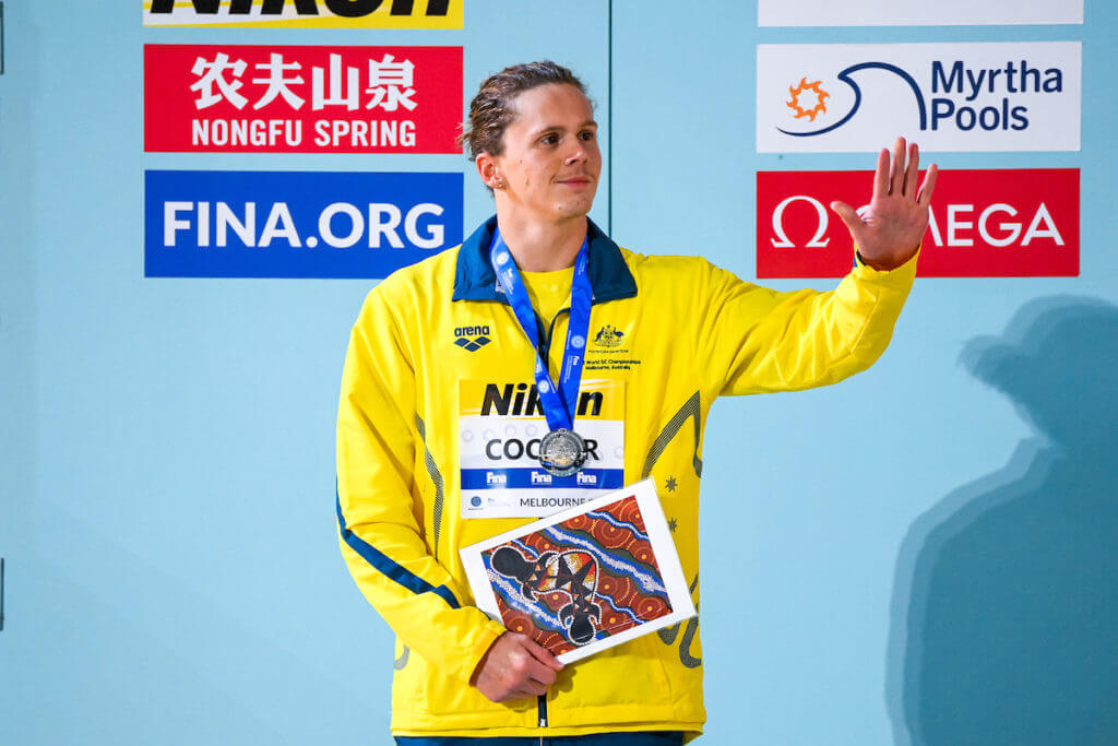 Isaac Cooper of Australia stands with the silver medal after compete in the 50m Backstroke Men Final during the FINA Swimming Short Course World Championships at the Melbourne Sports and Aquatic Centre in Melbourne, Australia, December 16th, 2022. Photo Giorgio Scala / Deepbluemedia / Insidefoto