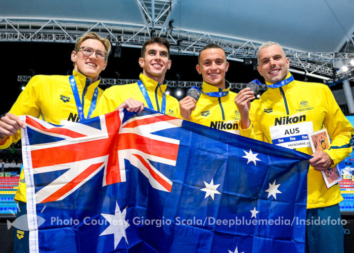 Thomas Neill, Kyle Chalmers, Flynn Zareb Southam, Mack Horton of Australia show the silver medal after compete in the 4x200m Freestyle Relay Men Final during the FINA Swimming Short Course World Championships at the Melbourne Sports and Aquatic Centre in Melbourne, Australia, December 16th, 2022. Photo Giorgio Scala / Deepbluemedia / Insidefoto