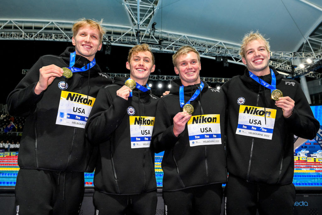 Kieran Smith, Carson Foster, Trenton Julian, Drew Kibler of United States of America show the gold medal after compete in the 4x200m Freestyle Relay Men Final with a new world record during the FINA Swimming Short Course World Championships at the Melbourne Sports and Aquatic Centre in Melbourne, Australia, December 16th, 2022. Photo Giorgio Scala / Deepbluemedia / Insidefoto