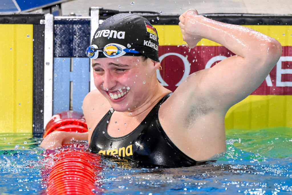 world-championships-Angelina Kohler of Germany celebrates after compete in the 100m Butterfly Women Semifinals during the FINA Swimming Short Course World Championships at the Melbourne Sports and Aquatic Centre in Melbourne, Australia, December 17th, 2022. Photo Giorgio Scala / Deepbluemedia / Insidefoto