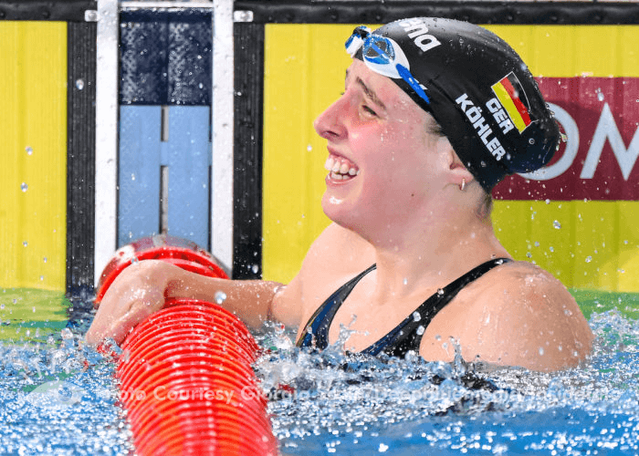 Angelina Kohler of Germany celebrates after compete in the 100m Butterfly Women Semifinals during the FINA Swimming Short Course World Championships at the Melbourne Sports and Aquatic Centre in Melbourne, Australia, December 17th, 2022. Photo Giorgio Scala / Deepbluemedia / Insidefoto