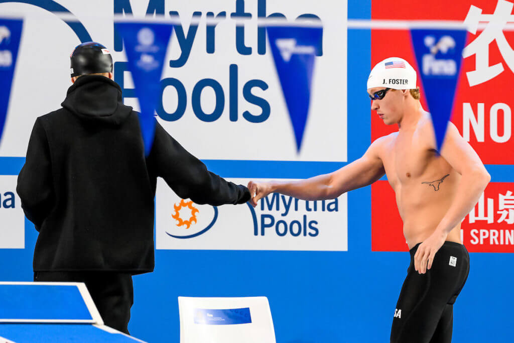 Carson Foster of United States of America, Jake Foster of United States of America prepare to compete in the 400m Individual Medley Men Final during the FINA Swimming Short Course World Championships at the Melbourne Sports and Aquatic Centre in Melbourne, Australia, December 17th, 2022. Photo Giorgio Scala / Deepbluemedia / Insidefoto