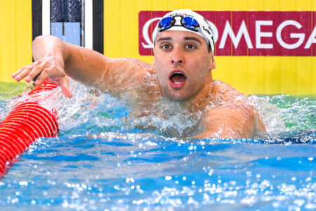 Chad Le Clos of South Africa reacts after winning the gold medal in the 100m Butterfly Men Final during the FINA Swimming Short Course World Championships at the Melbourne Sports and Aquatic Centre in Melbourne, Australia, December 18th, 2022. Photo Giorgio Scala / Deepbluemedia / Insidefoto