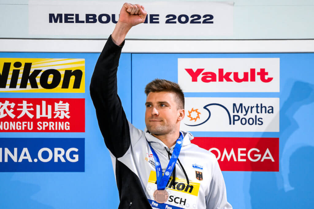 Marius Kusch of Germany stands with the bronze medal after compete in the 100m Butterfly Men Final during the FINA Swimming Short Course World Championships at the Melbourne Sports and Aquatic Centre in Melbourne, Australia, December 18th, 2022. Photo Giorgio Scala / Deepbluemedia / Insidefoto