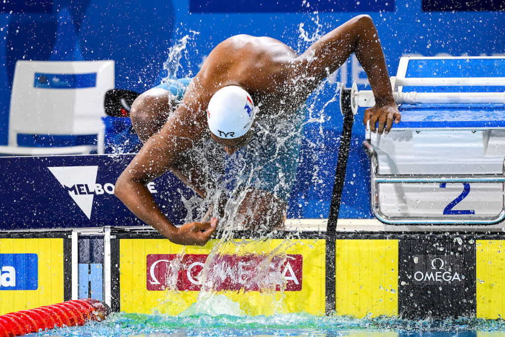 Yohann Ndoye-Brouard of France prepares to compete in the 200m Backstroke Men Final during the FINA Swimming Short Course World Championships at the Melbourne Sports and Aquatic Centre in Melbourne, Australia, December 18th, 2022. Photo Giorgio Scala / Deepbluemedia / Insidefoto