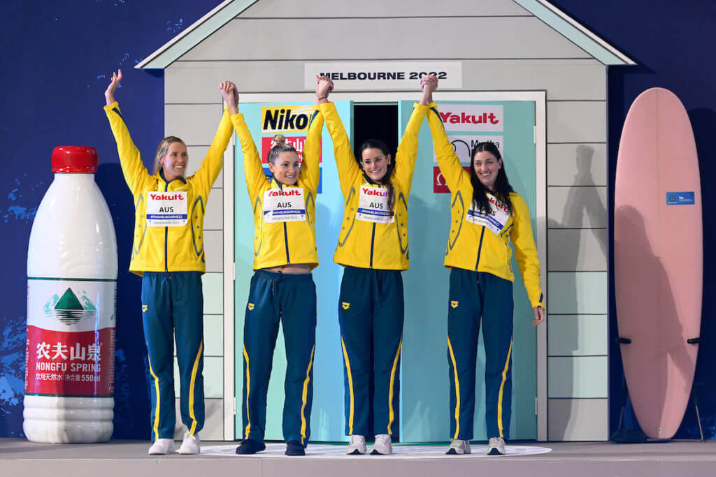 Kaylee McKeown, Jenna Strauch, Emma McKeon, Meg Harris of Australia celebrate after winning the silver medal in the 4x100m medley Women relay during the FINA Swimming Short Course World Championships at the Melbourne Sports and Aquatic Centre in Melbourne, Australia, December 18th, 2022. Photo Giorgio Scala / Deepbluemedia / Insidefoto
