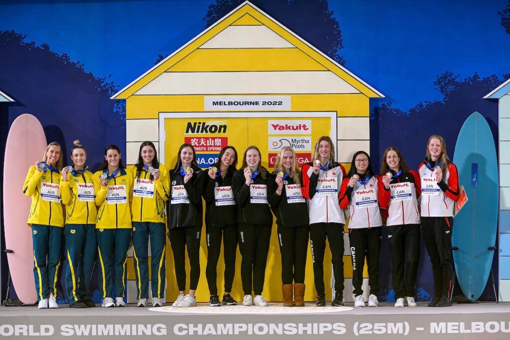 Kaylee McKeown, Jenna Strauch, Emma McKeon, Meg Harris of Australia, silver, Kate Douglass, Torri Huske , Lilly King and Claire Curzan of United States of America , gold, Taylor Ruck, Margaret Macneil, Sydney Pickrem, Ingrid Wilm of Canada, bronze, show the medals after compete in the 4x100m medley Women relay during the FINA Swimming Short Course World Championships at the Melbourne Sports and Aquatic Centre in Melbourne, Australia, December 18th, 2022. Photo Giorgio Scala / Deepbluemedia / Insidefoto