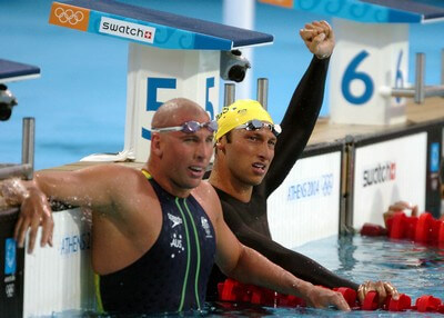 Ian Thorpe takes gold an Grant Hackett silver in the 400m Free final. Swimming - Mens 400m Freestyle Final Summer Olympics - Athens, Greece 2004 Day 1 ,14th August 2004. © Sport the library/Courtney Harris