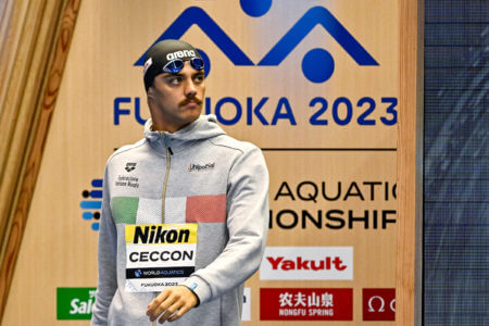 Thomas Ceccon of Italy prepares to compete in the 50m Backstroke Men Semifinal during the 20th World Aquatics Championships at the Marine Messe Hall A in Fukuoka (Japan), July 29th, 2023.
