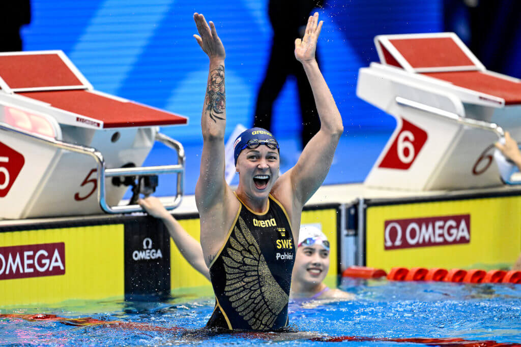 world-championships-Sarah Sjostrom of Sweden celebrates after competing in the 50m Butterfly Women Final during the 20th World Aquatics Championships at the Marine Messe Hall A in Fukuoka (Japan), July 29th, 2023. Sarah Sjostrom placed first winning the gold medal.