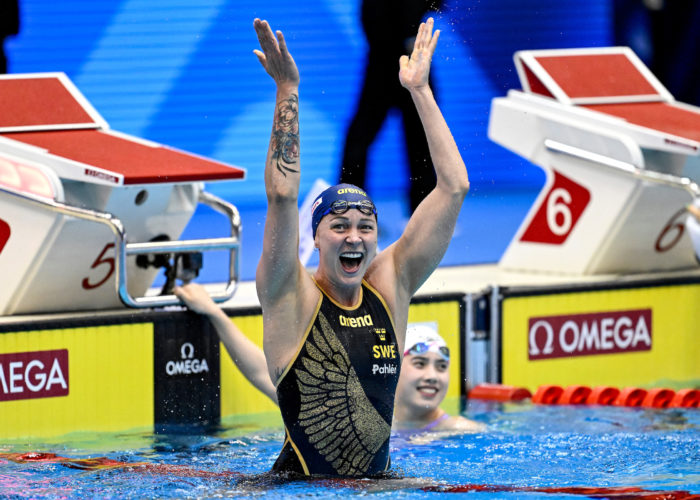 world-championships-Sarah Sjostrom of Sweden celebrates after competing in the 50m Butterfly Women Final during the 20th World Aquatics Championships at the Marine Messe Hall A in Fukuoka (Japan), July 29th, 2023. Sarah Sjostrom placed first winning the gold medal.