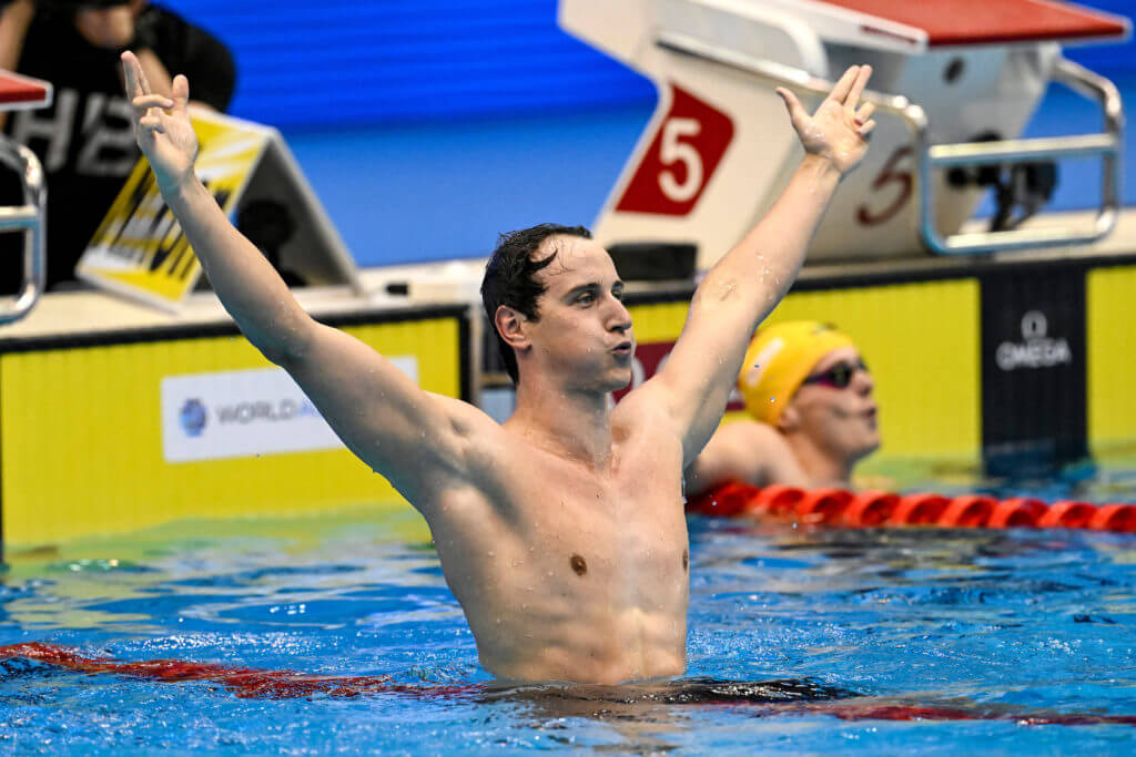 Cameron Mcevoy of Australia celebrates after competing in the 50m Freestyle Men Final during the 20th World Aquatics Championships at the Marine Messe Hall A in Fukuoka (Japan), July 29th, 2023.