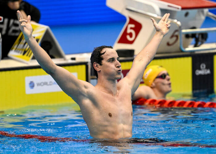 Cameron Mcevoy of Australia celebrates after competing in the 50m Freestyle Men Final during the 20th World Aquatics Championships at the Marine Messe Hall A in Fukuoka (Japan), July 29th, 2023.