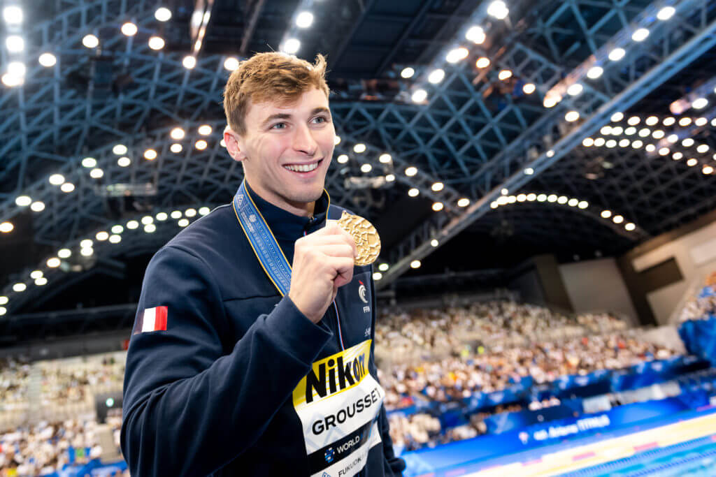 Maxime Grousset of France shows the gold medal after competing in the 100m Butterfly Men Final during the 20th World Aquatics Championships at the Marine Messe Hall A in Fukuoka (Japan), July 29th, 2023.