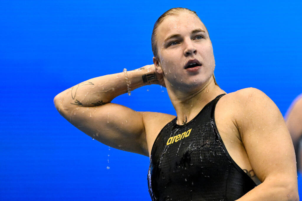 Ruta Meilutyte of Lituania reacts after competing in the 50m Breaststroke Women semifinal during the 20th World Aquatics Championships at the Marine Messe Hall A in Fukuoka (Japan), July 29th, 2023. Ruta Meilutyte placed first with a new world record.