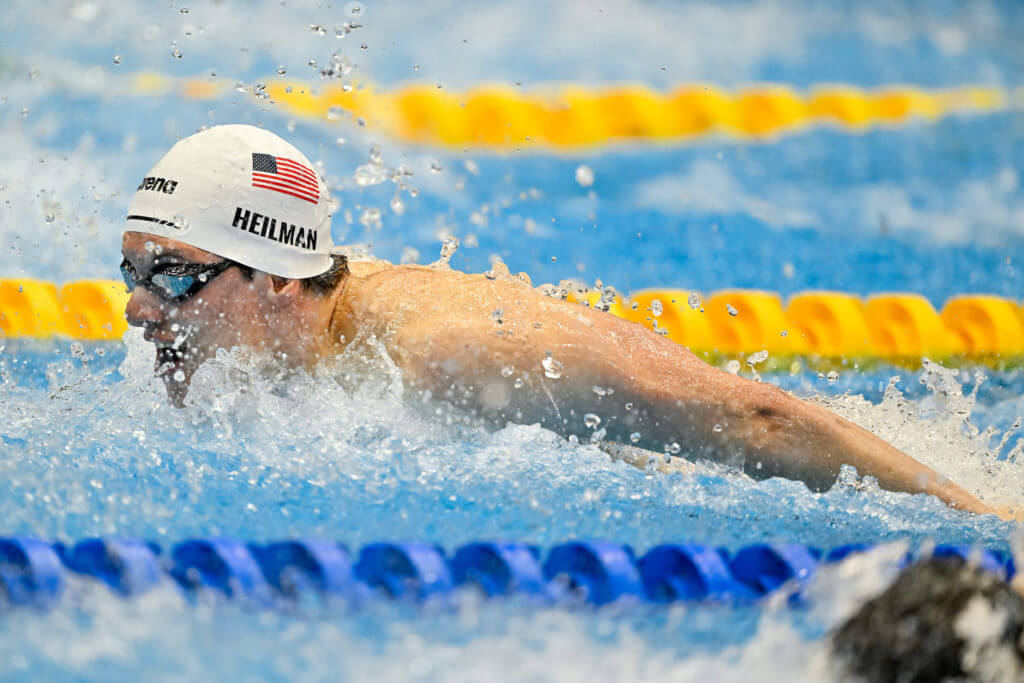 Thomas Heilman of the United States of America competes in the 100m Butterfly Men Heats during the 20th World Aquatics Championships at the Marine Messe Hall A in Fukuoka (Japan), July 28th, 2023.