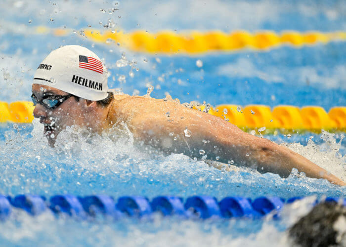 Thomas Heilman of the United States of America competes in the 100m Butterfly Men Heats during the 20th World Aquatics Championships at the Marine Messe Hall A in Fukuoka (Japan), July 28th, 2023.