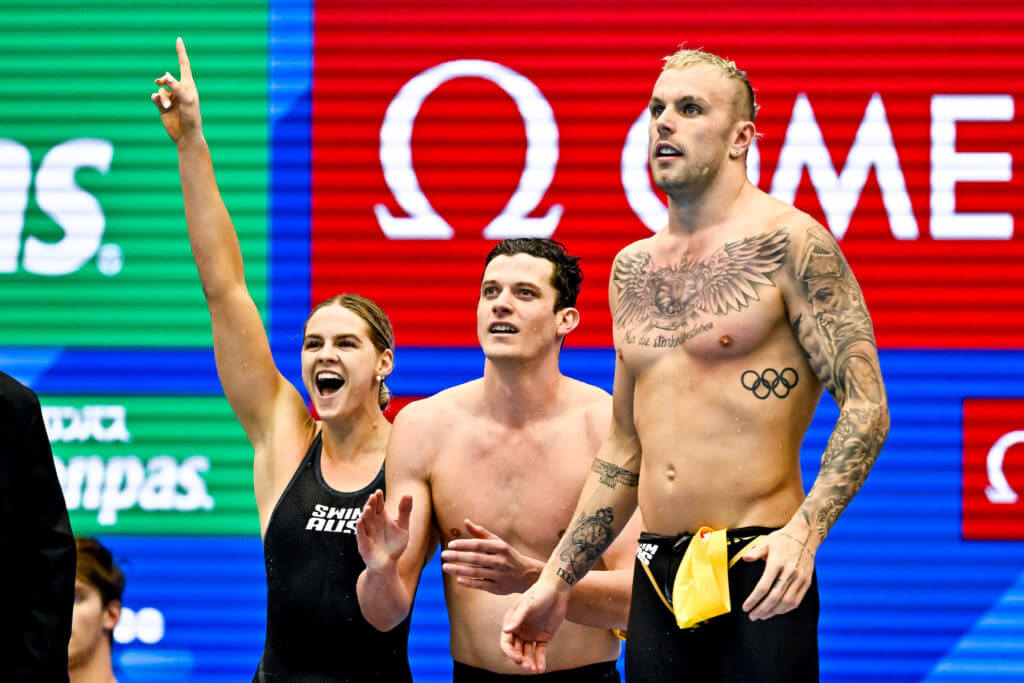 Athletes of team Australia celebrate after winning the gold medal in the 4x100m Freestyle Mixed Relay Final with a New World Record during the 20th World Aquatics Championships at the Marine Messe Hall A in Fukuoka (Japan), July 29th, 2023.