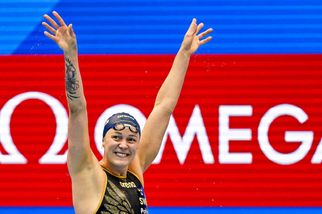 Sarah Sjostrom of Sweden celebrates after competing in the 50m Freestyle Women Semifinal with a New World Record during the 20th World Aquatics Championships at the Marine Messe Hall A in Fukuoka (Japan), July 29th, 2023.