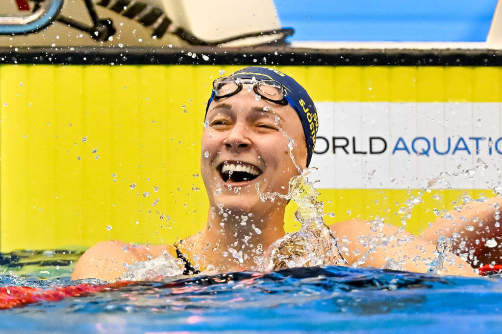 Sarah Sjostrom of Sweden reacts after competing in the 50m Freestyle Women Semifinal with a New World Record during the 20th World Aquatics Championships at the Marine Messe Hall A in Fukuoka (Japan), July 29th, 2023.