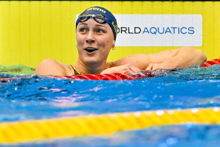 Sarah Sjostrom of Sweden reacts after winning the gold medal in the 50m Butterfly Women Final during the 20th World Aquatics Championships at the Marine Messe Hall A in Fukuoka (Japan), July 29th, 2023.