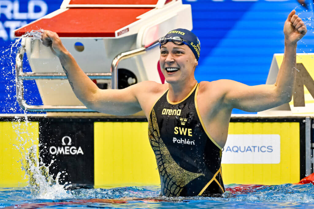 Sarah Sjostrom of Sweden celebrates after winning the gold medal in the 50m Butterfly Women Final during the 20th World Aquatics Championships at the Marine Messe Hall A in Fukuoka (Japan), July 29th, 2023.