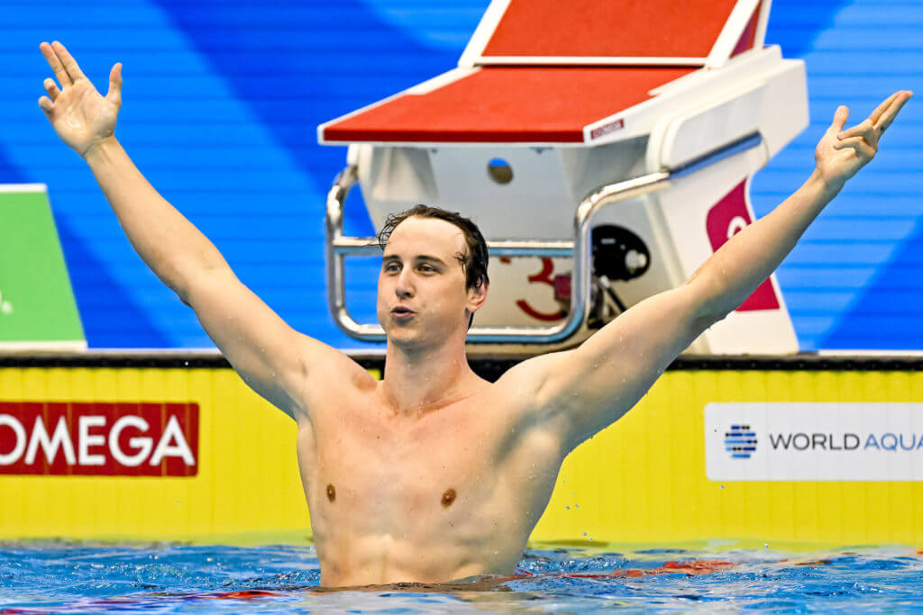 Cameron McEvoy of Australia celebrates after winning the gold medal in the 50m Freestyle Men Final during the 20th World Aquatics Championships at the Marine Messe Hall A in Fukuoka (Japan), July 29th, 2023.