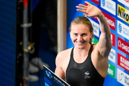 Ariarne Titmus of Australia celebrates after winning the gold medal with a new world record in the 400m Freestyle Women Final during the 20th World Aquatics Championships at the Marine Messe Hall A in Fukuoka (Japan), July 23rd, 2023.