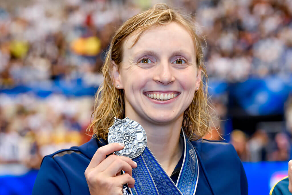 Katie Ledecky of United States of America shows the silver medal after competing in the 400m Freestyle Women Final during the 20th World Aquatics Championships at the Marine Messe Hall A in Fukuoka (Japan), July 23rd, 2023.