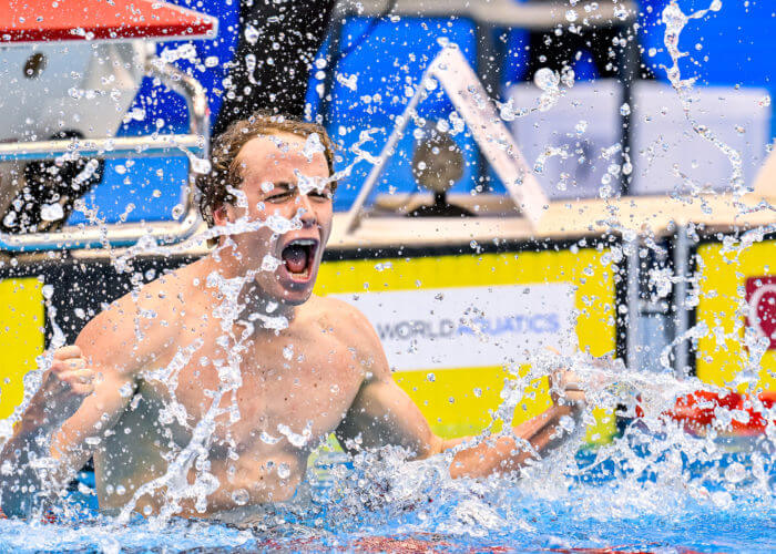 Samuel Short of Australia celebrates after winning the gold medal in the 400m Freestyle Men Final during the 20th World Aquatics Championships at the Marine Messe Hall A in Fukuoka (Japan), July 23rd, 2023.