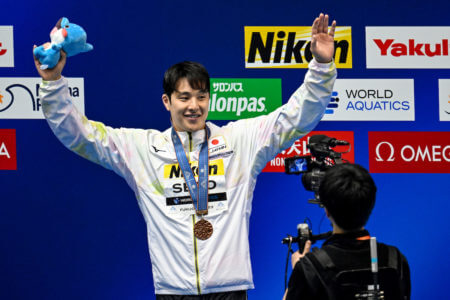 Daiya Seto of Japan celebrates after competing in the 400m Individual Medley Men Final during the 20th World Aquatics Championships at the Marine Messe Hall A in Fukuoka (Japan), July 23rd, 2023. Daiya Seto placed third winning the bronze medal.