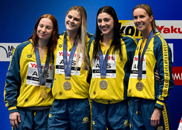Athletes of team Australia attend the medal ceremony of the Women's 4x100m freestyle relay during the 20th World Aquatics Championships at the Marine Messe Hall A in Fukuoka (Japan), July 23rd, 2023. Australia placed first with a new world record.