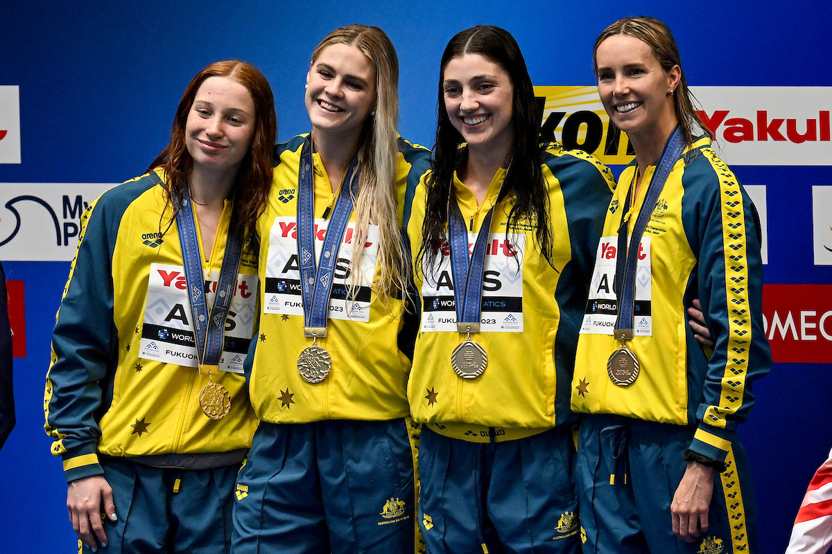 Athletes of team Australia attend the medal ceremony of the Women's 4x100m freestyle relay during the 20th World Aquatics Championships at the Marine Messe Hall A in Fukuoka (Japan), July 23rd, 2023. Australia placed first with a new world record.