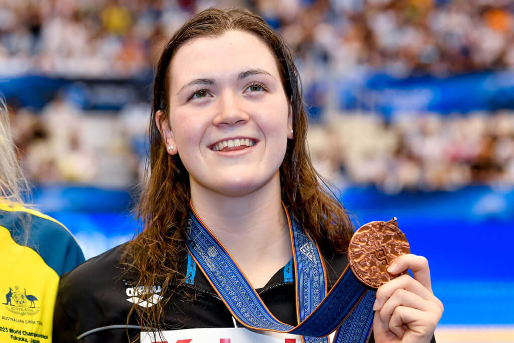 Erika Fairweather of New Zealand shows the bronze medal after competing in the 400m Freestyle Women Final during the 20th World Aquatics Championships at the Marine Messe Hall A in Fukuoka (Japan), July 23rd, 2023.