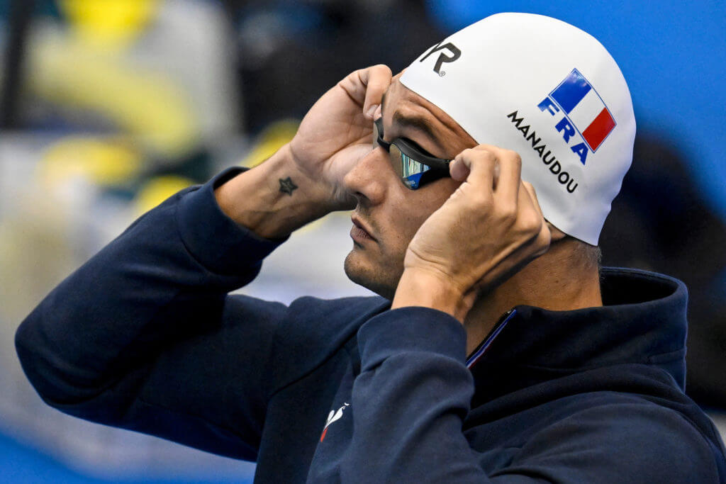 Florent Manaudou of France prepares to compete in the Men's 4x100 Freestyle relay preliminary during the 20th World Aquatics Championships at the Marine Messe Hall A in Fukuoka (Japan), July 23rd, 2023. France placed 12th.