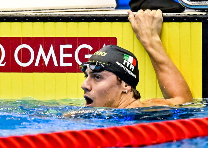 Nicolo Martinenghi of Italy reacts after competing in the 50m Breaststroke Men Semifinal during the 20th World Aquatics Championships at the Marine Messe Hall A in Fukuoka (Japan), July 25th, 2023.