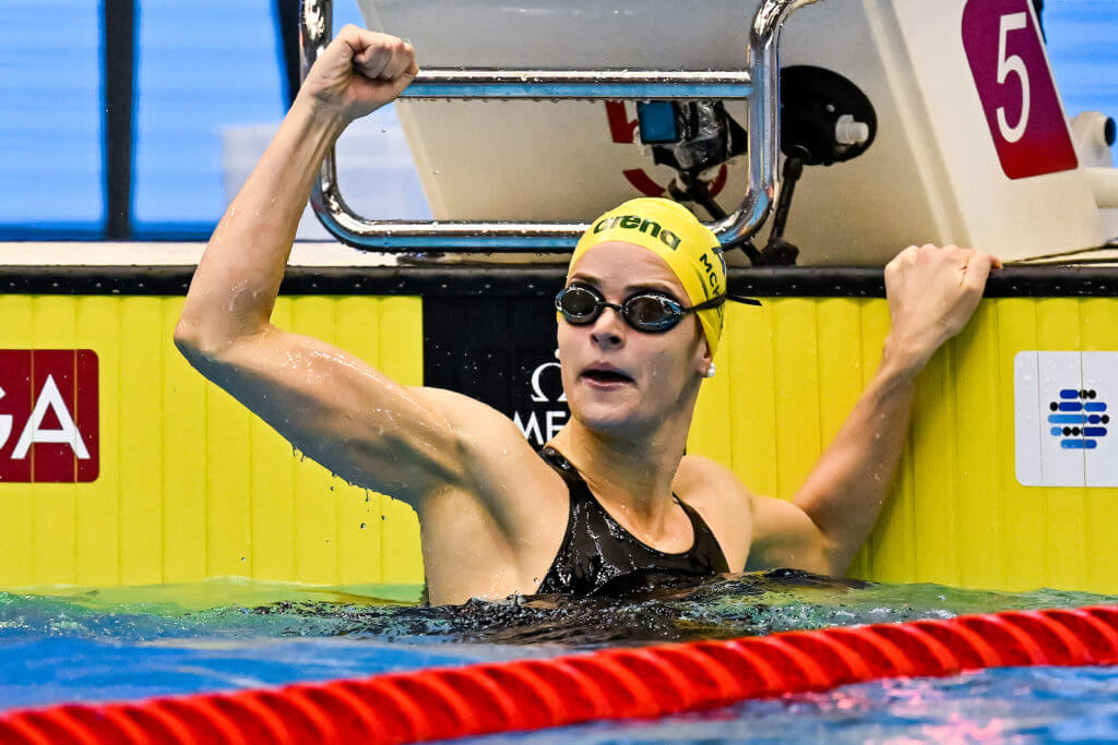 Kaylee Mckeown of Australia reacts after winning the gold medal in the 100m Backstroke Women Final during the 20th World Aquatics Championships at the Marine Messe Hall A in Fukuoka (Japan), July 25th, 2023.