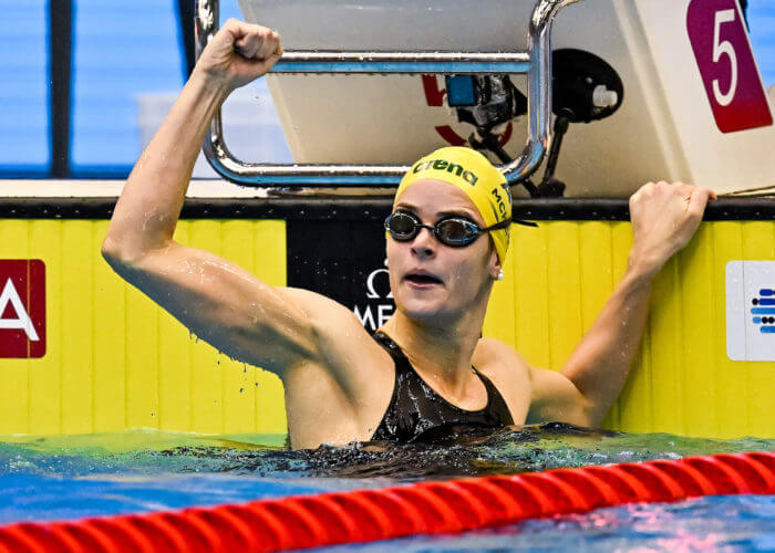 Kaylee Mckeown of Australia reacts after winning the gold medal in the 100m Backstroke Women Final during the 20th World Aquatics Championships at the Marine Messe Hall A in Fukuoka (Japan), July 25th, 2023.