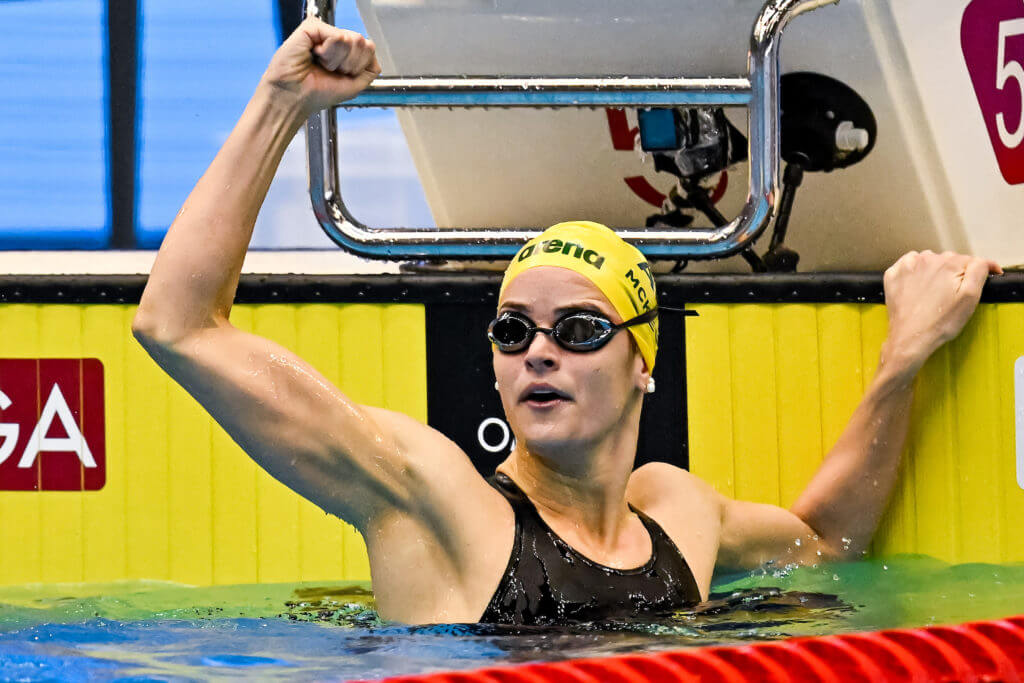 Kaylee Mckeown of Australia reacts after winning the gold medal in the 100m Backstroke Women Final during the 20th World Aquatics Championships at the Marine Messe Hall A in Fukuoka (Japan), July 25th, 2023.