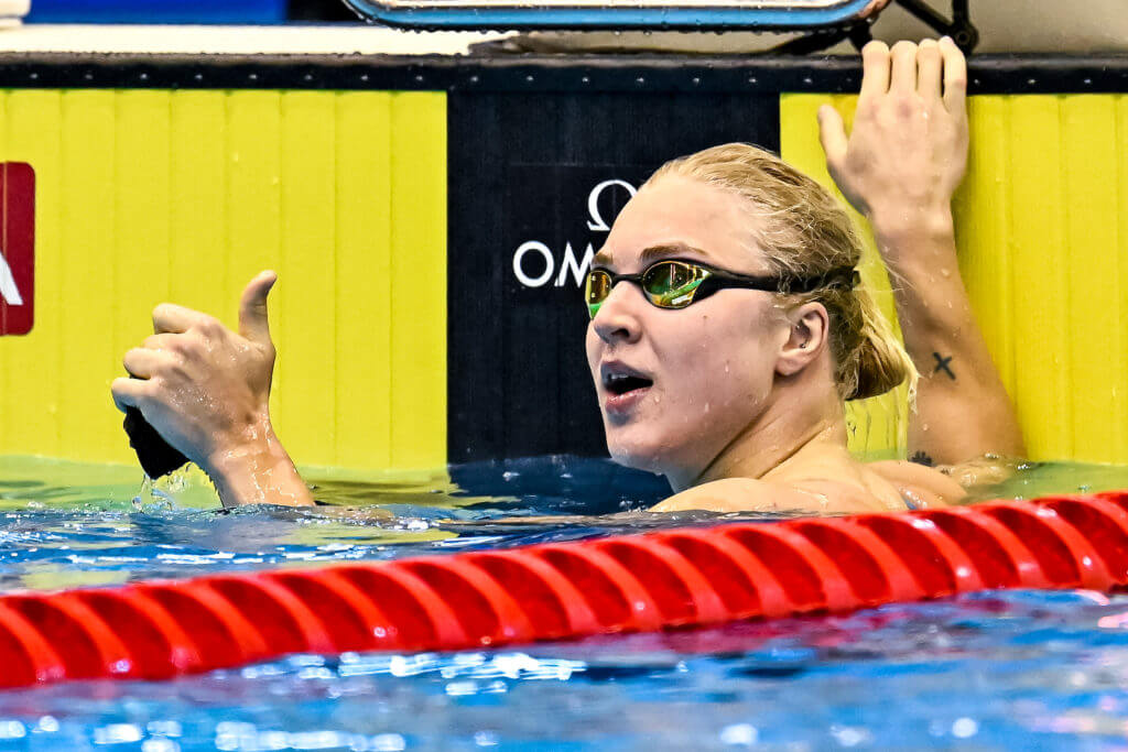 Ruta Meilutyte of Lithuania reacts after winning the gold medal in the 100m Breaststroke Women Final during the 20th World Aquatics Championships at the Marine Messe Hall A in Fukuoka (Japan), July 25th, 2023.