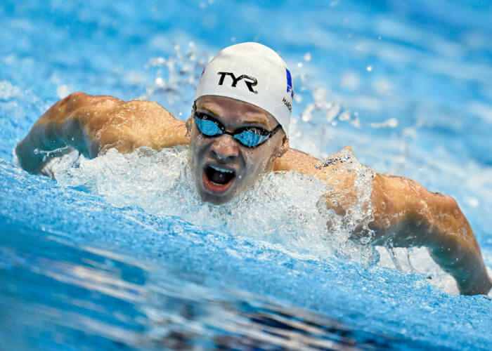 Leon Marchand of France competes in the Men's Butterfly 200m Heats during the 20th World Aquatics Championships at the Marine Messe Hall A in Fukuoka (Japan), July 25th, 2023.