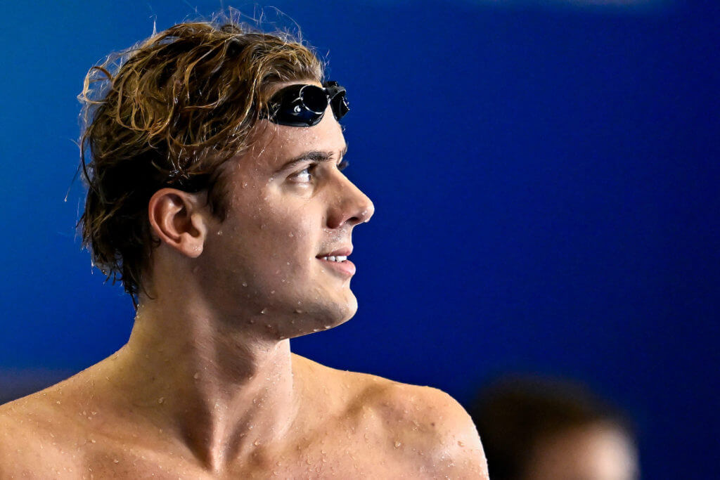 Noe Ponti of Switzerland reacts after competing in the Men's Butterfly 200m Heats during the 20th World Aquatics Championships at the Marine Messe Hall A in Fukuoka (Japan), July 25th, 2023.