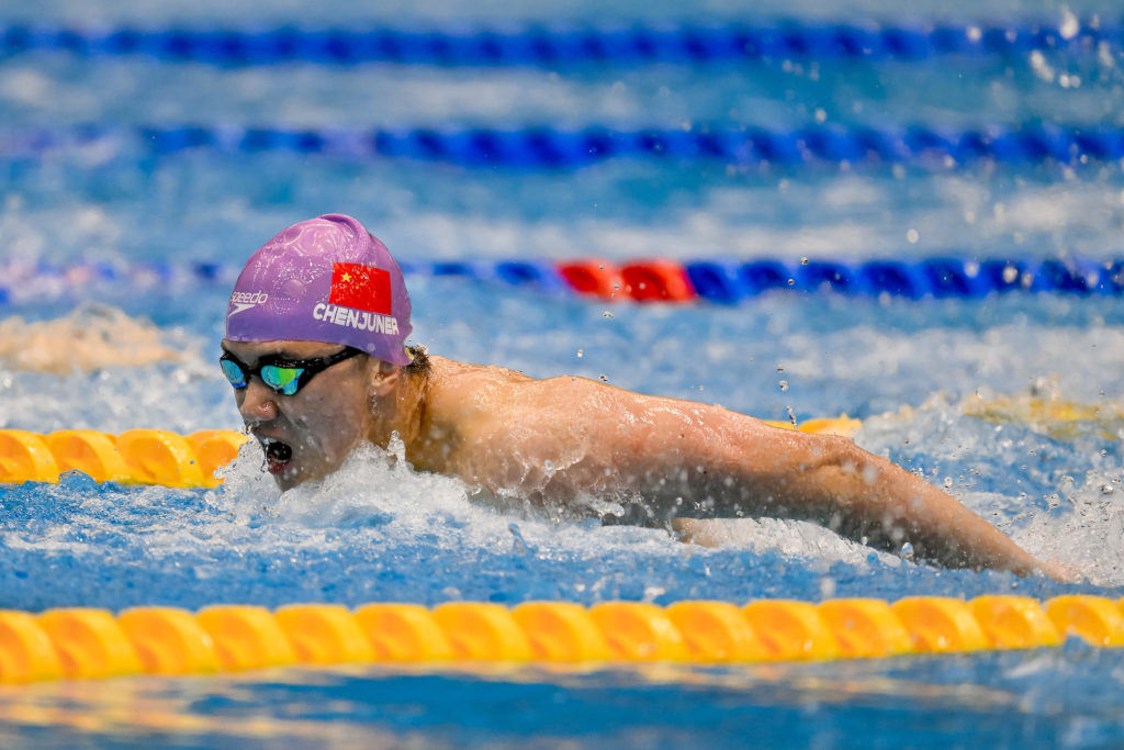 Juner Chen of China competes in the 200m Butterfly Men Heats during the 20th World Aquatics Championships at the Marine Messe Hall A in Fukuoka (Japan), July 25th, 2023.