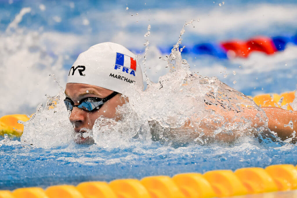 Leon Marchand of France competes in the 200m Butterfly Men Heats during the 20th World Aquatics Championships at the Marine Messe Hall A in Fukuoka (Japan), July 25th, 2023.