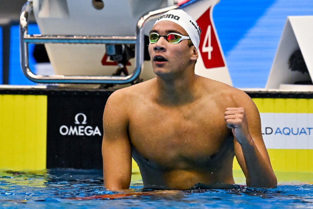 Ahmed Hafnaoui of Tunisia celebrates after winning the gold medal in the 800m Freestyle Men Final during the 20th World Aquatics Championships at the Marine Messe Hall A in Fukuoka (Japan), July 26th, 2023.